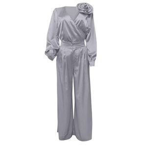 New Two-piece Elegant Silver Grey Satin Matching Pants and Blouse Set XL Scacto